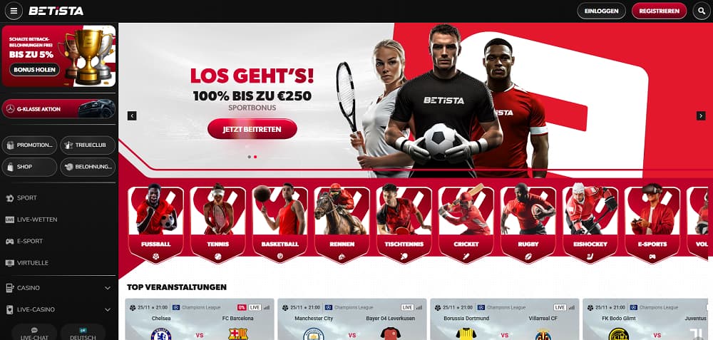 Betista Casino-Startseite mit sportlichem Design und einem Banner mit 100 % Bonus bis zu 250 €. Die Navigation umfasst Sportwetten, Live-Wetten, E-Sport, virtuelle Spiele, Casino und Top-Events wie Chelsea gegen Barcelona.